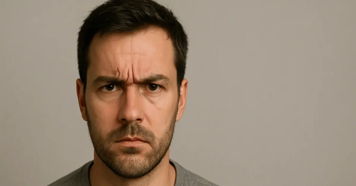 Person with furrowed brows showing vertical forehead lines, illustrating the meaning of furrowed brows