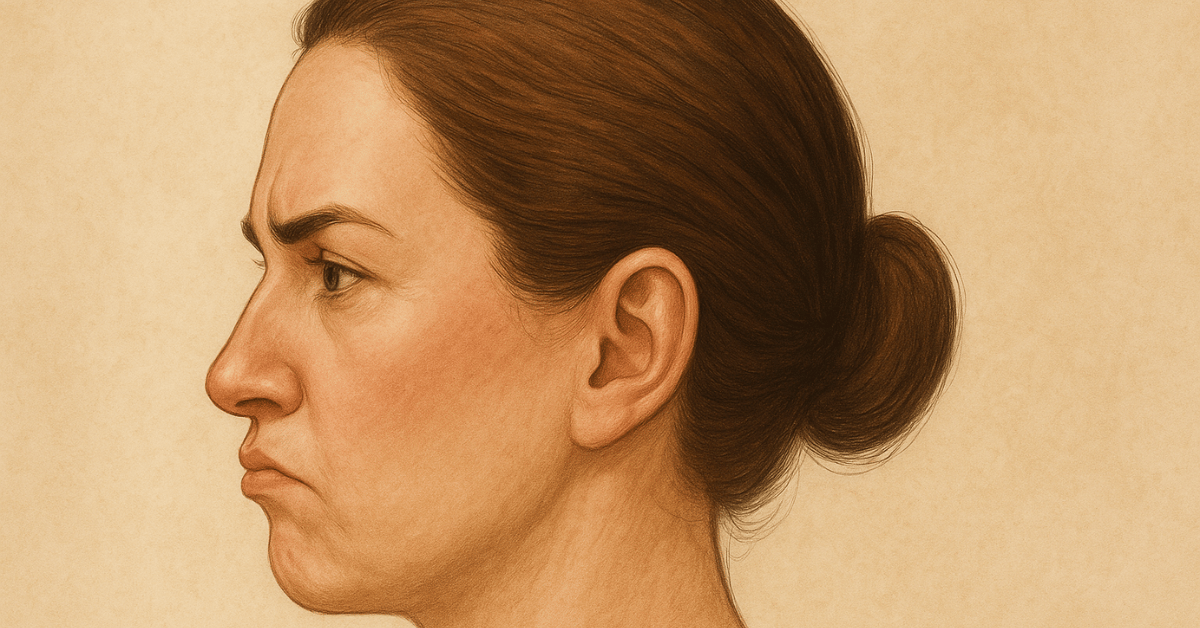Side view of a woman with pursed lips showing subtle disapproval and restraint, illustrating pursed lips body language