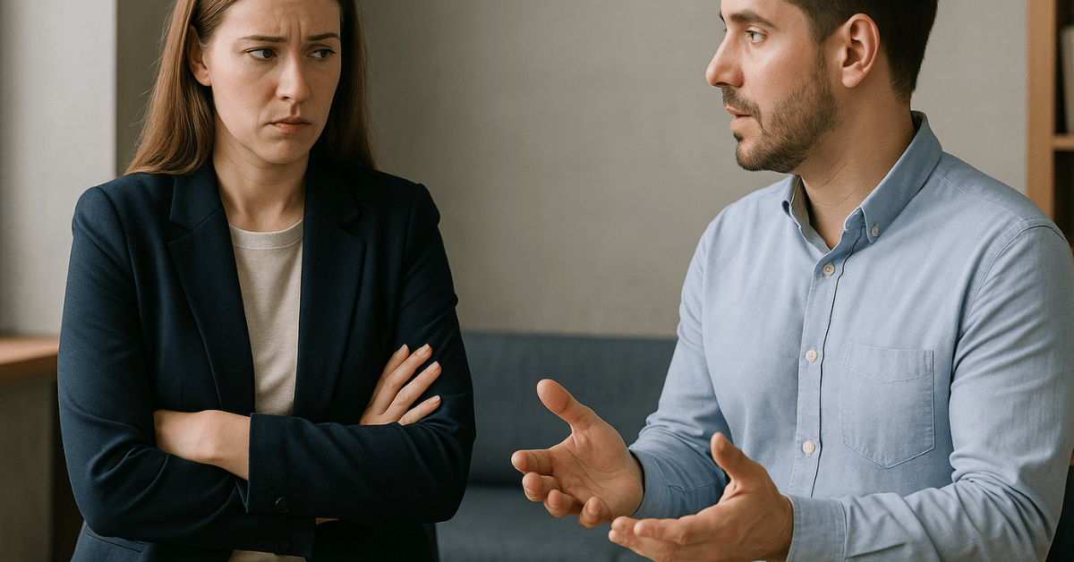 Two people showing contrasting defensive and open body language during a conversation