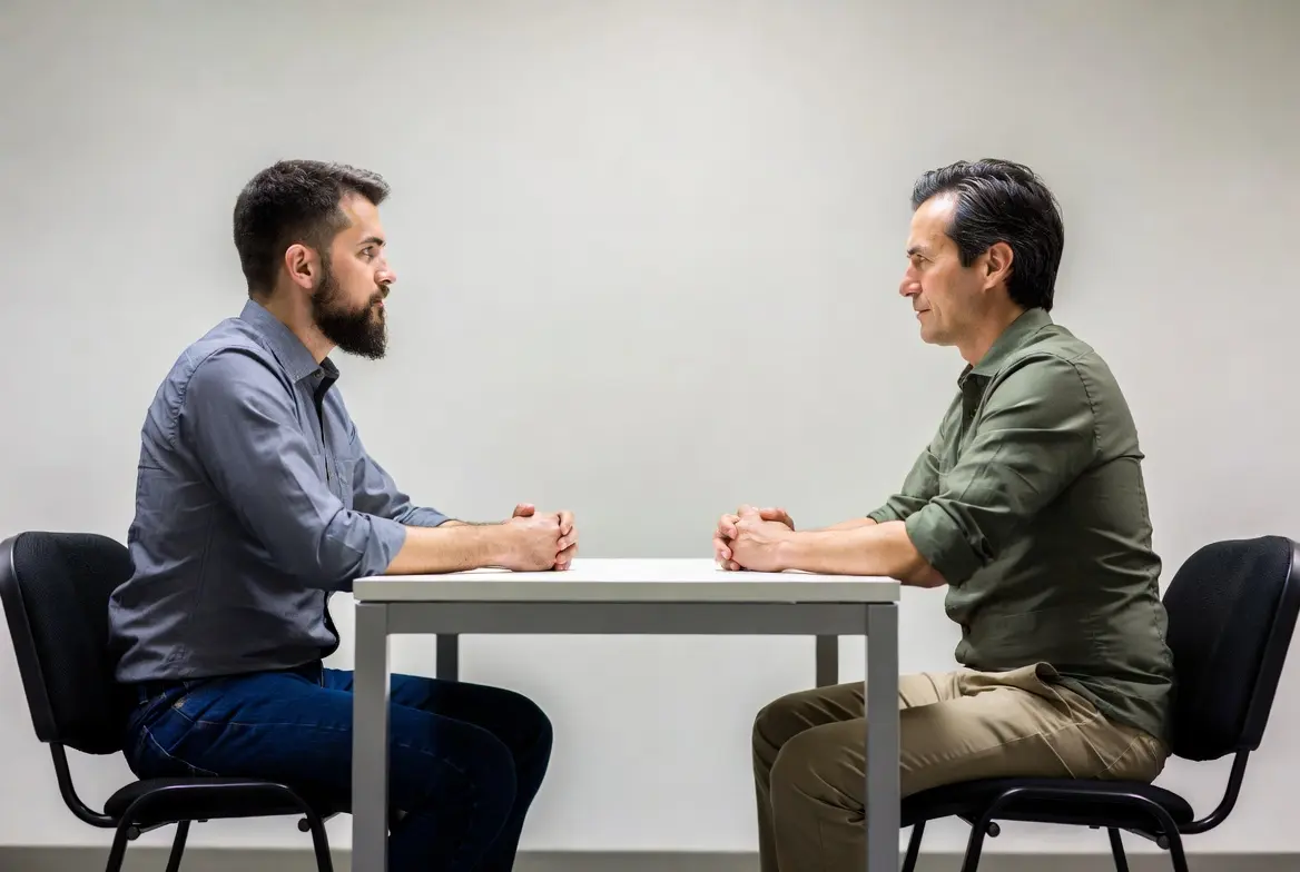 Photograph of two people in an interrogation-style interview room subtly mirroring each other’s posture during a conversation.