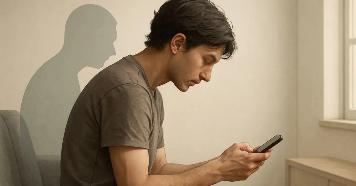 Side view of a person with forward-head posture while using a smartphone, illustrating the impact of technology on posture.