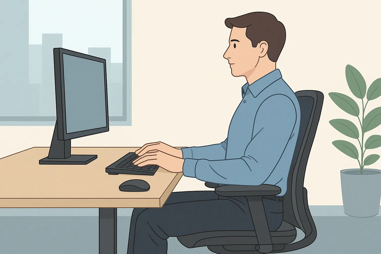 man sitting at an ergonomic desk demonstrating healthy workplace posture
