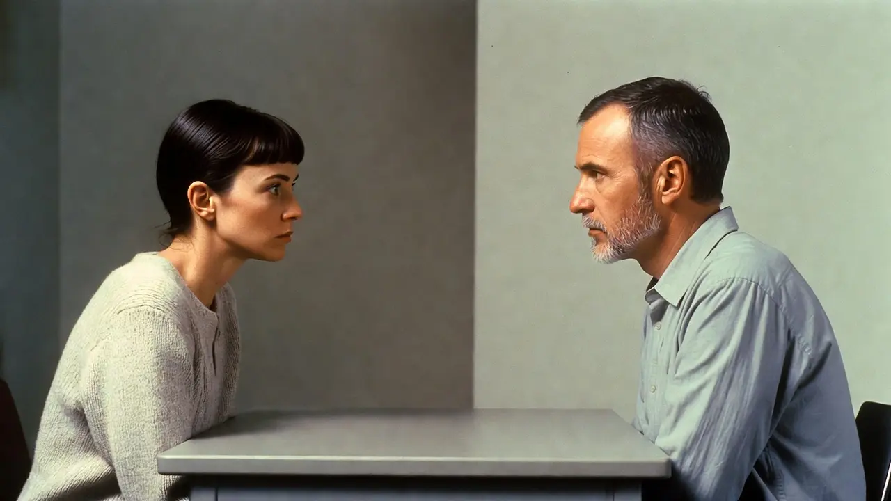 Two people seated across from each other showing contrasting eye contact behavior during conversation