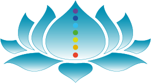 Lotusblomst logo med gradient fra mørk turkis til hvid baggrund og 7 cirkler i chakrafarver i midten.