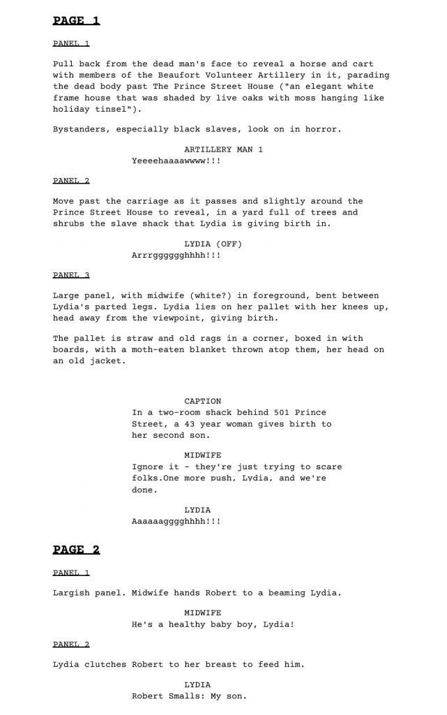 The script for Page 4 of the Robert Smalls graphic novel.