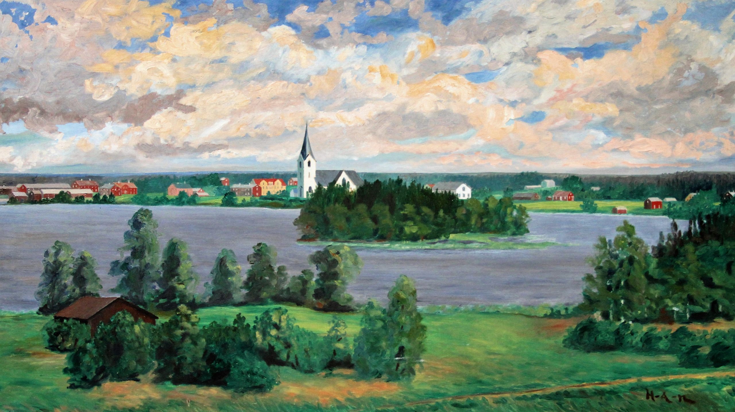 Gåxsjö Kyrka, målning från ca 1920 av Hans Andersson. Kyrkan vit, i förgrunden Grön äng och Gåxsjön