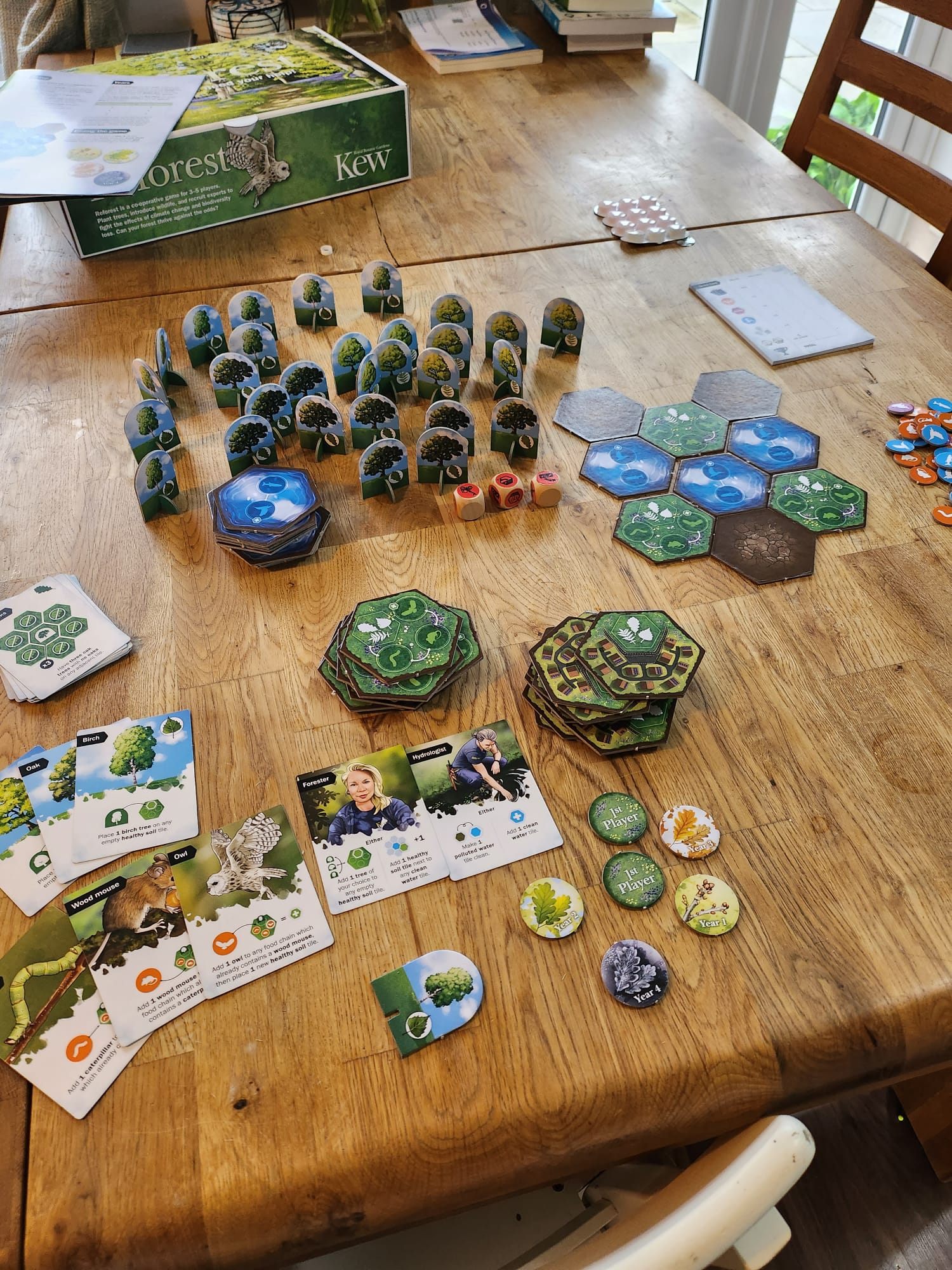 A picture of a board game, with trees, animals and water.