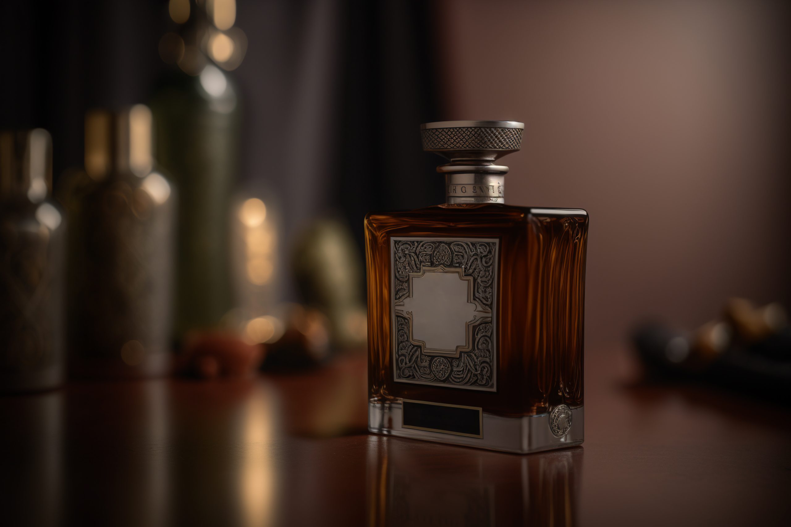 Vintage men’s perfume bottle, interior background with bottles. Cinematic style. Generative AI