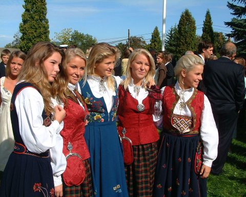Young girls in different national costumes. Akershus, Norway.
