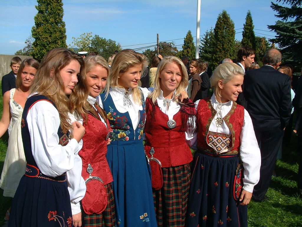 Young girls in different national costumes. Akershus, Norway.