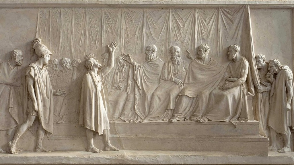 Antonio Canova (1757–1822), relieff av Sokrates fremfor dommerne, Canova-glyptoteket i Possagno, Italia. Foto: Google Arts & Culture via Wikimedia Commons