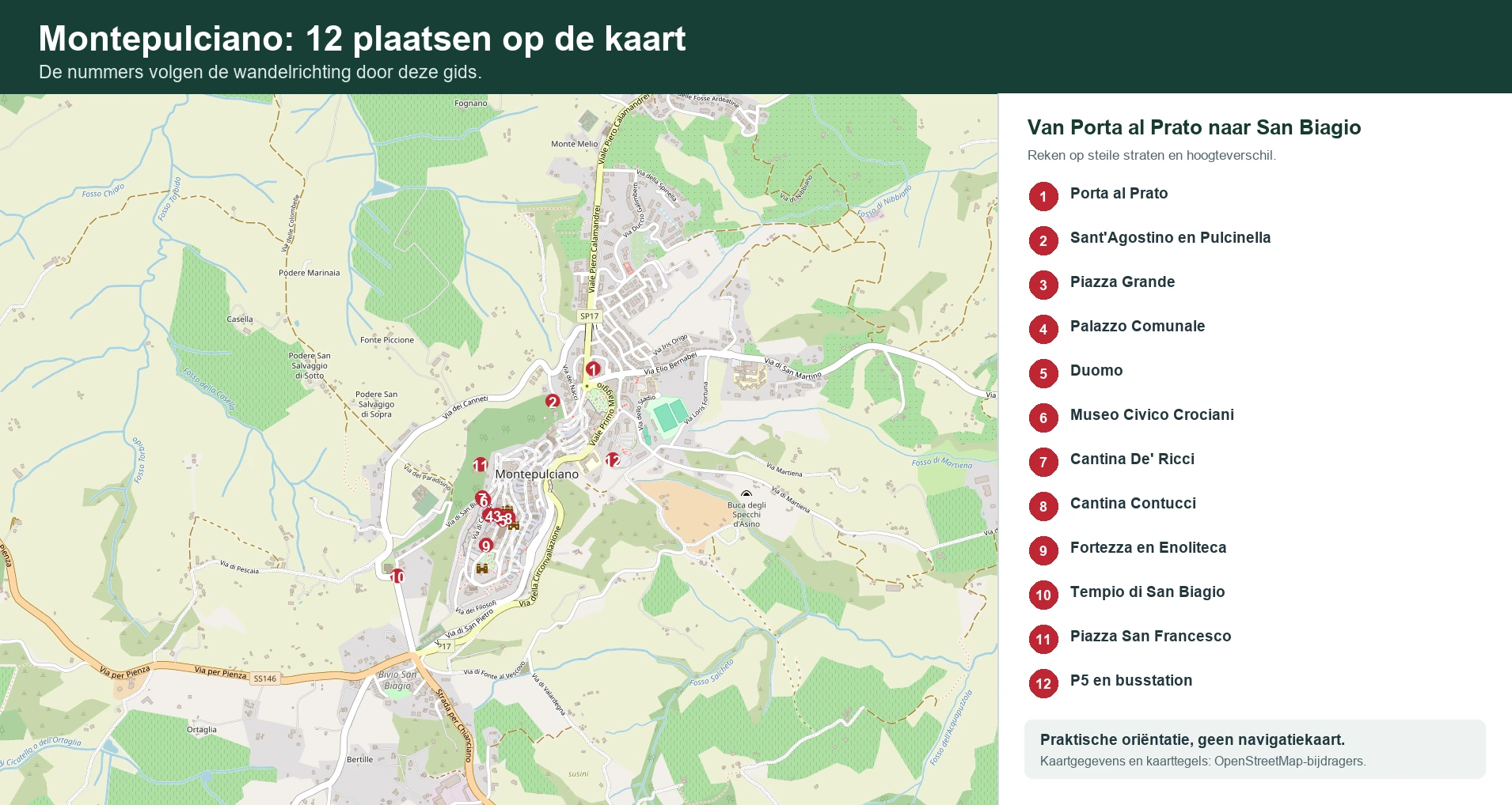 Montepulciano bezoeken Kaart van Montepulciano met twaalf genummerde bezienswaardigheden