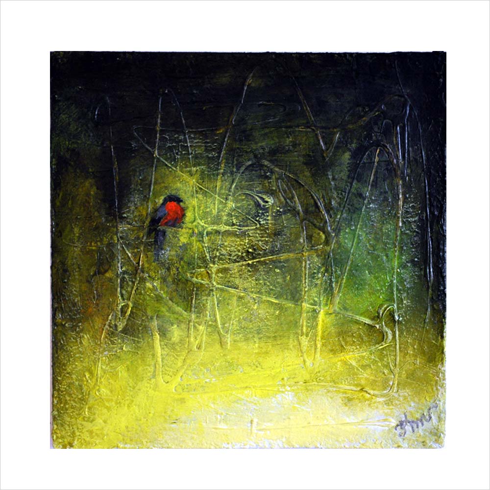 10. "Liten fågel". Akryl av Kerstin Mattsson. 30x30 cm.