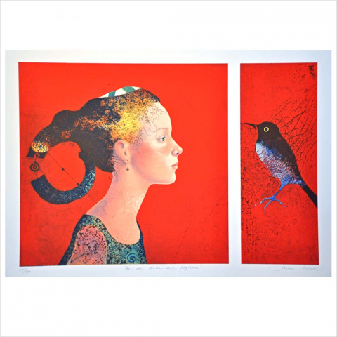 13. "Flickan som talar med fåglar". Litografi av Dorina Mocan. 35x55cm. © DM BUS