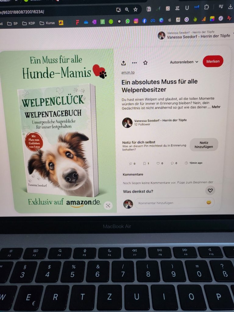 Aufnahme eines Monitors mit einem Pinterest Pin von einem Buch - Welpenglück, Welpentagebuch