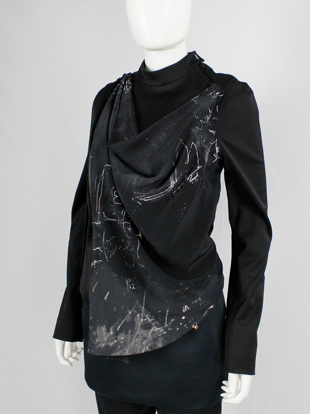 A.F. Vandevorst black draped fencing jacket with chalk print 