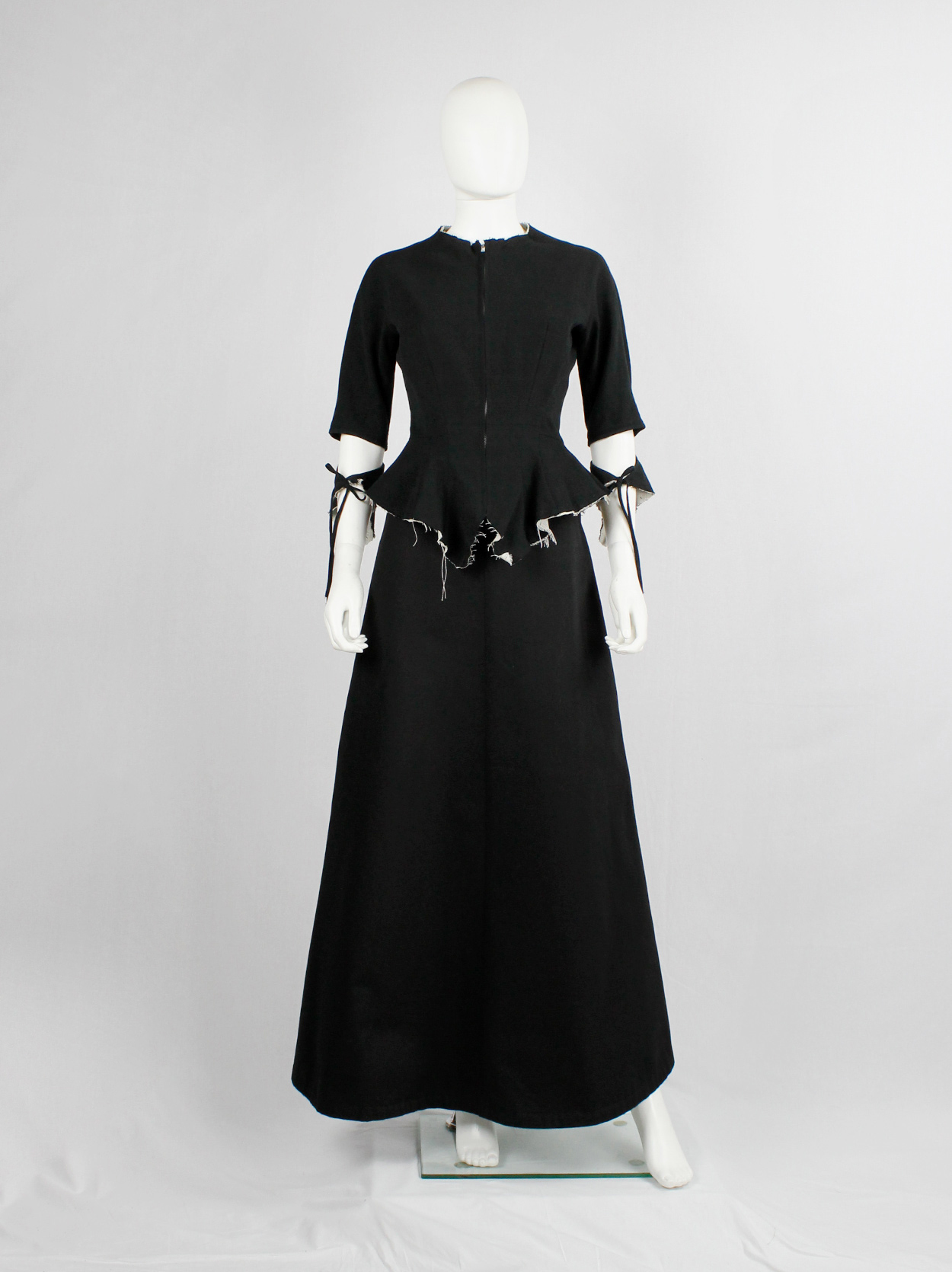 Yohji Yamamoto black peplum jacket with white frayed trims