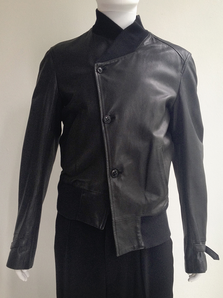Ann Demeulemeester black leather asymmetric bomberjacket