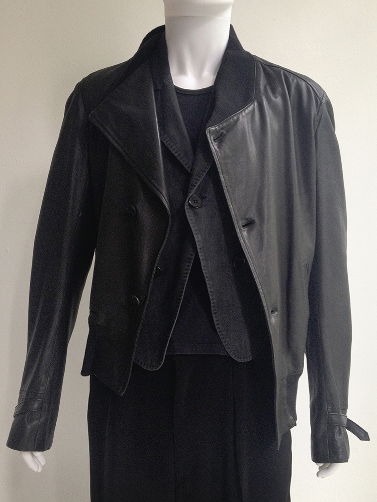 Ann Demeulemeester black leather asymmetric bomberjacket