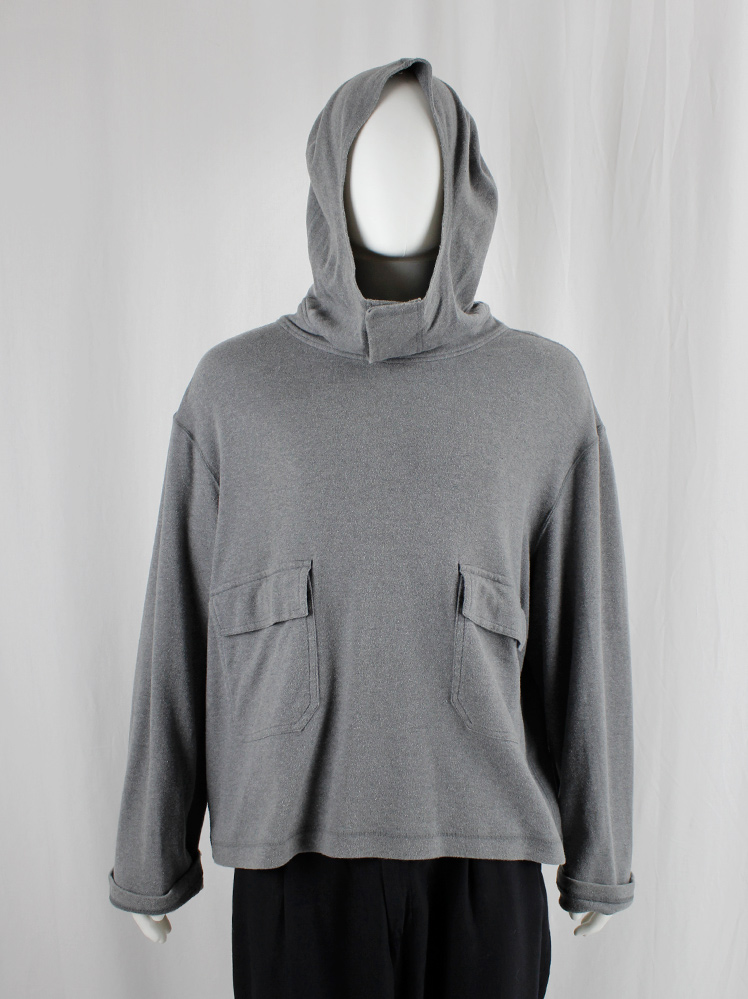 Yohji Yamamoto grey hooded boxy jumper with pockets — 1980's