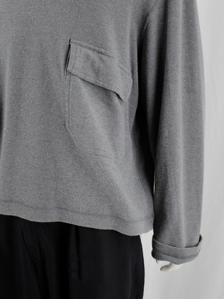Yohji Yamamoto grey hooded boxy jumper with pockets — 1980's