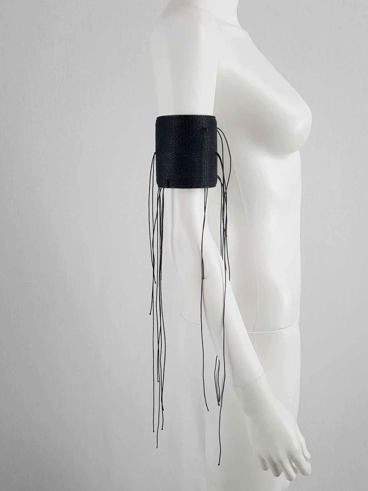 Ann Demeulemeester black leather bracelet with long threads 