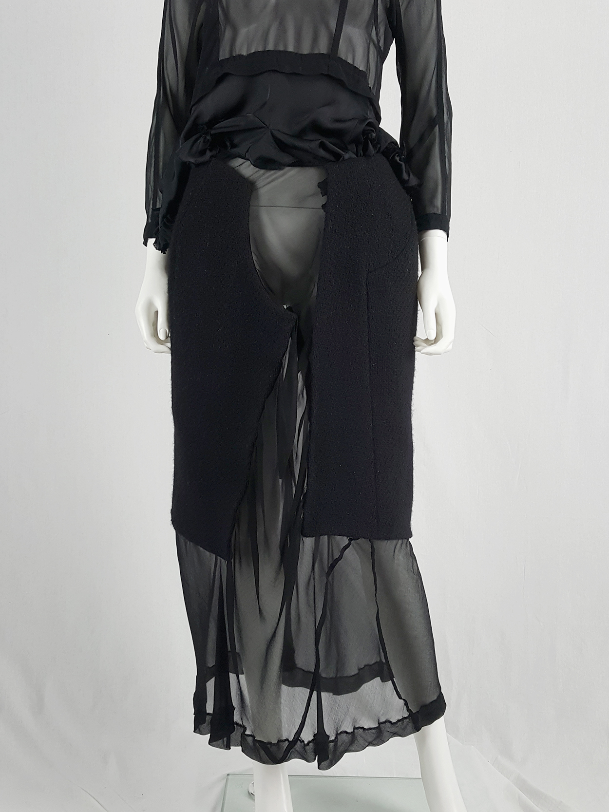 Comme des Garçons black sheer skirt with wool paneling — fall 1997 