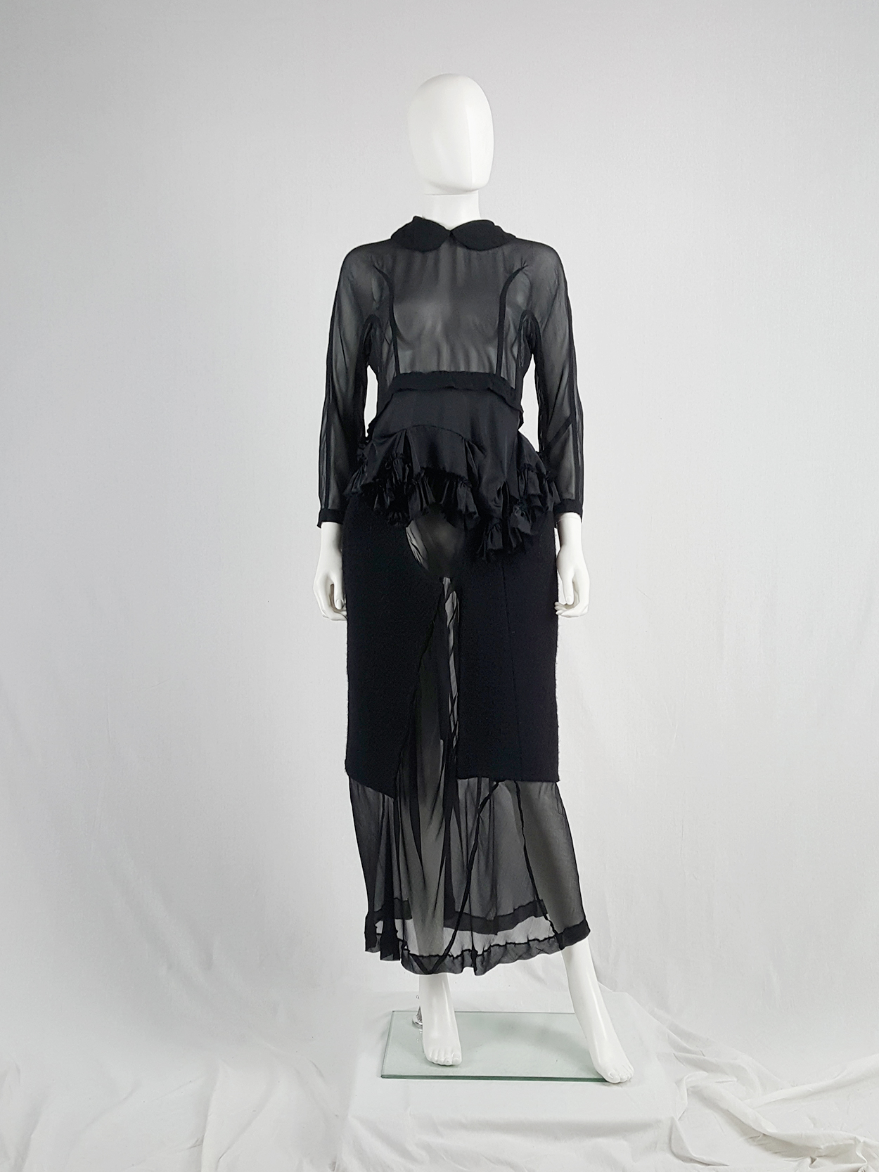 Comme des Garçons black sheer skirt with wool paneling