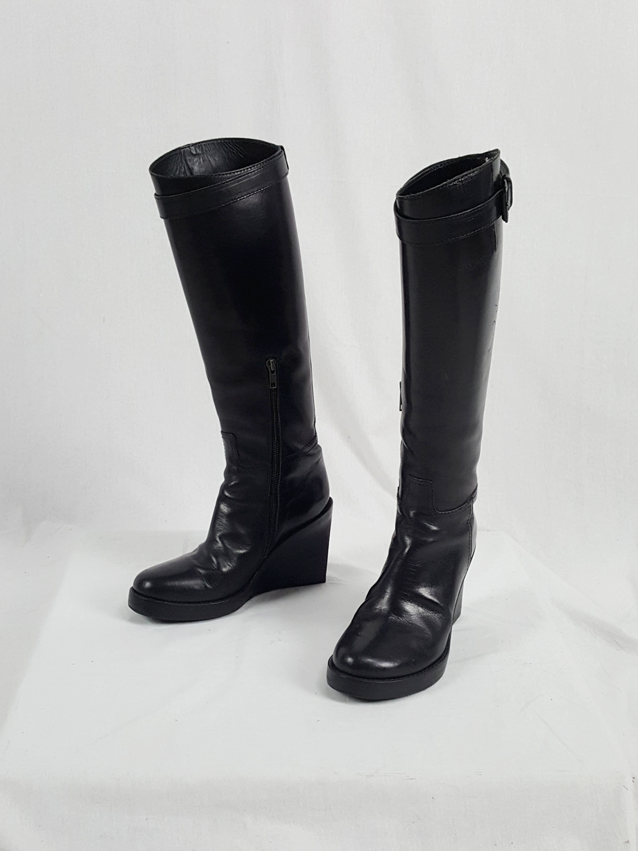 Ann Demeulemeester tall black wedge boots with belt strap Ann Demeulemeester tall black wedge boots with belt strap