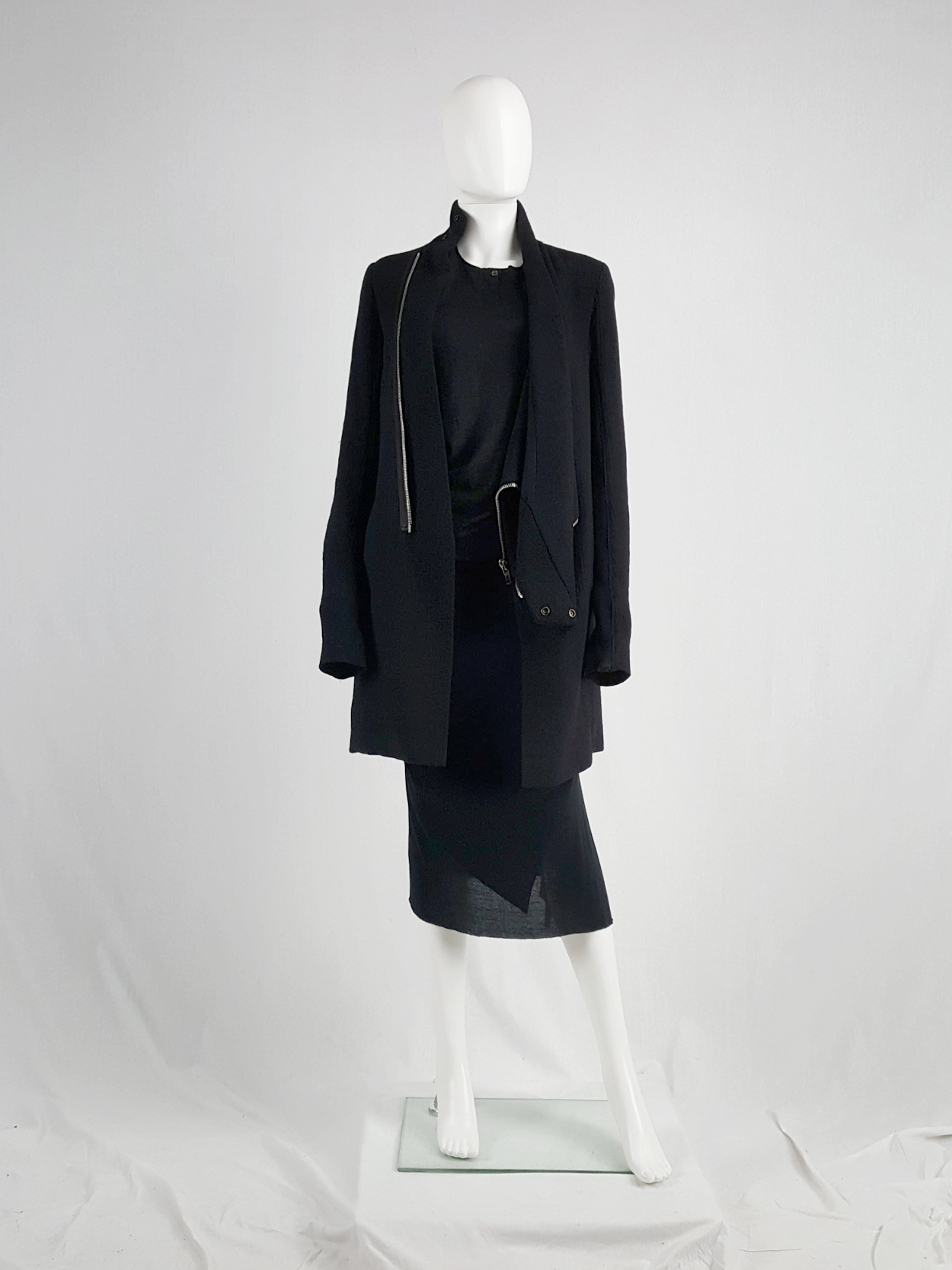 Rick Owens CRUST black coat with asymmetric zipper and cowl