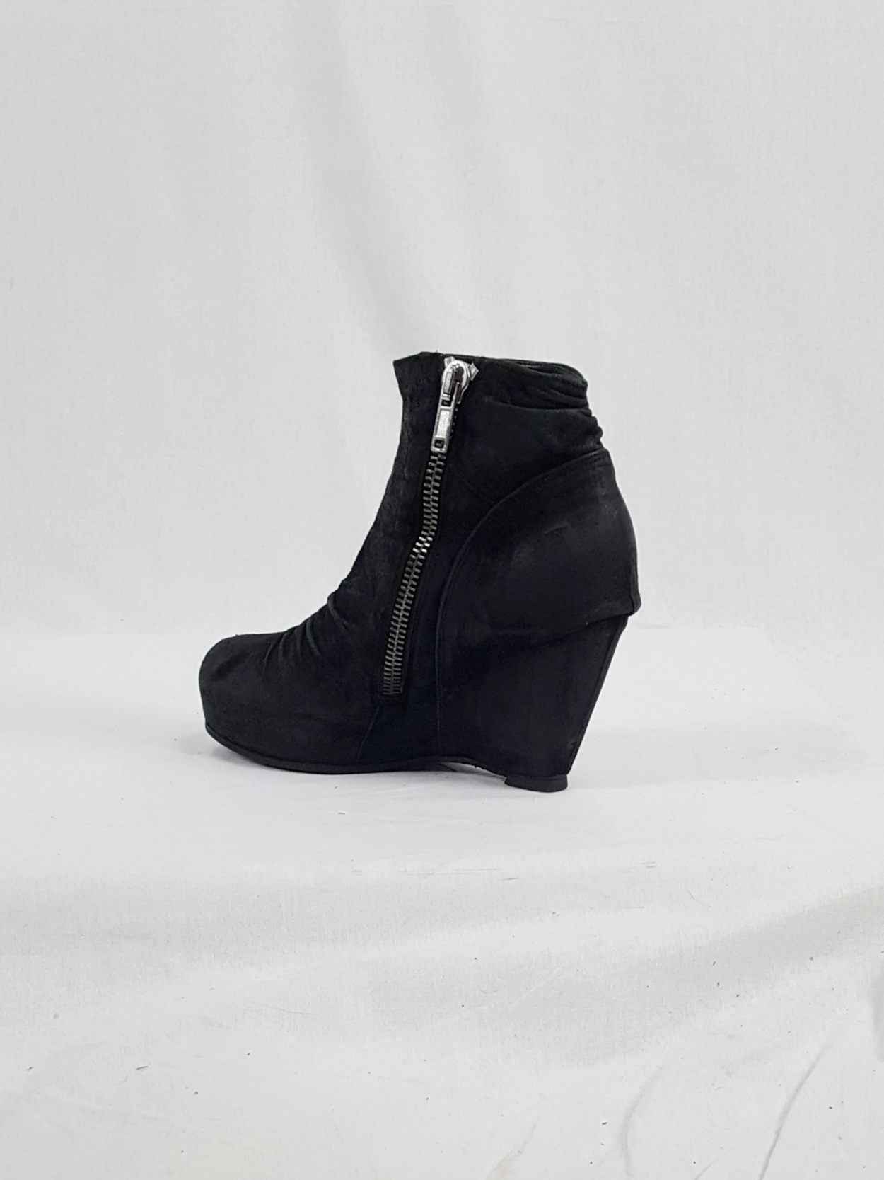 Rick Owens black suede ankle boots with wedge heel and hidden 