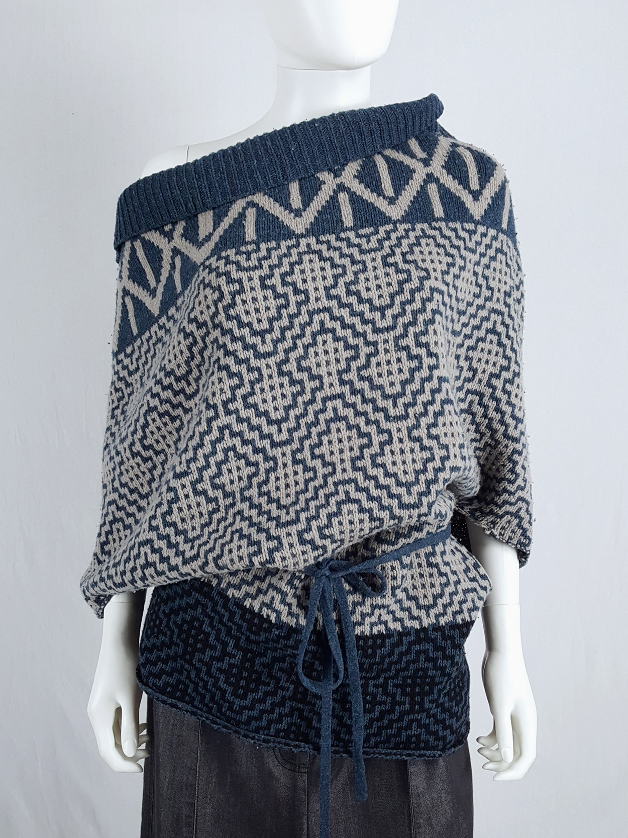 Dries Van Noten blue and beige knit top with geometric motif 