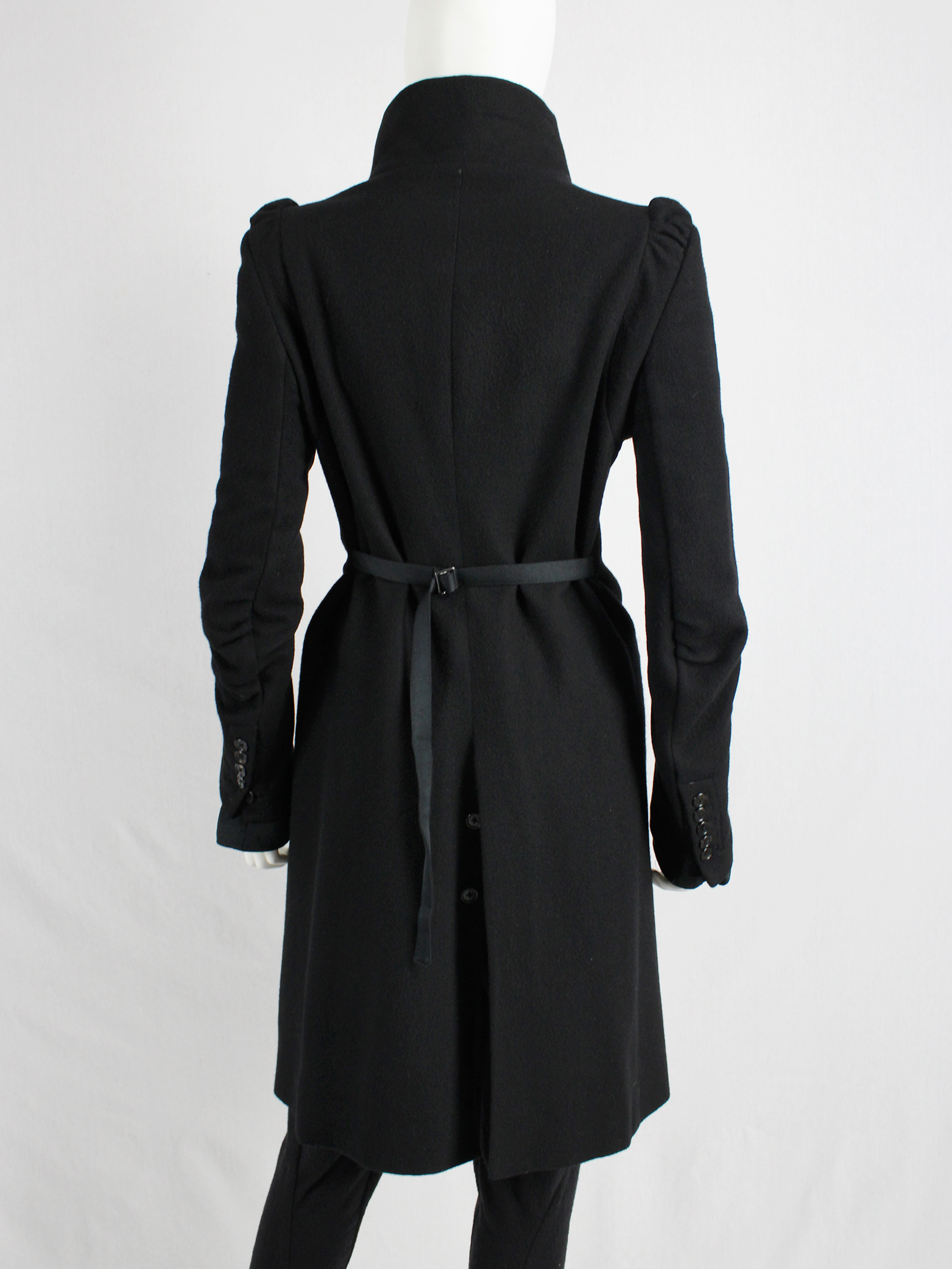 Ann Demeulemeester black long coat with asymmetric button closure
