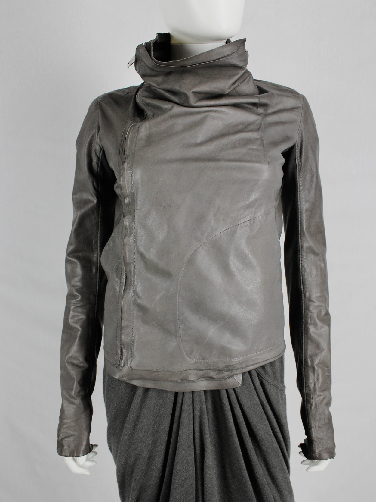 Rick Owens classic brown leather biker jacket with waterfall front 