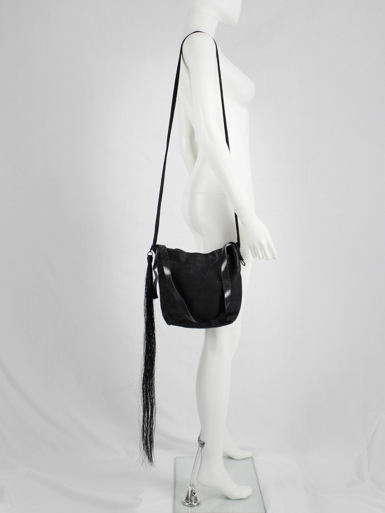 Ann Demeulemeester black leather shoulder bag with extra long 