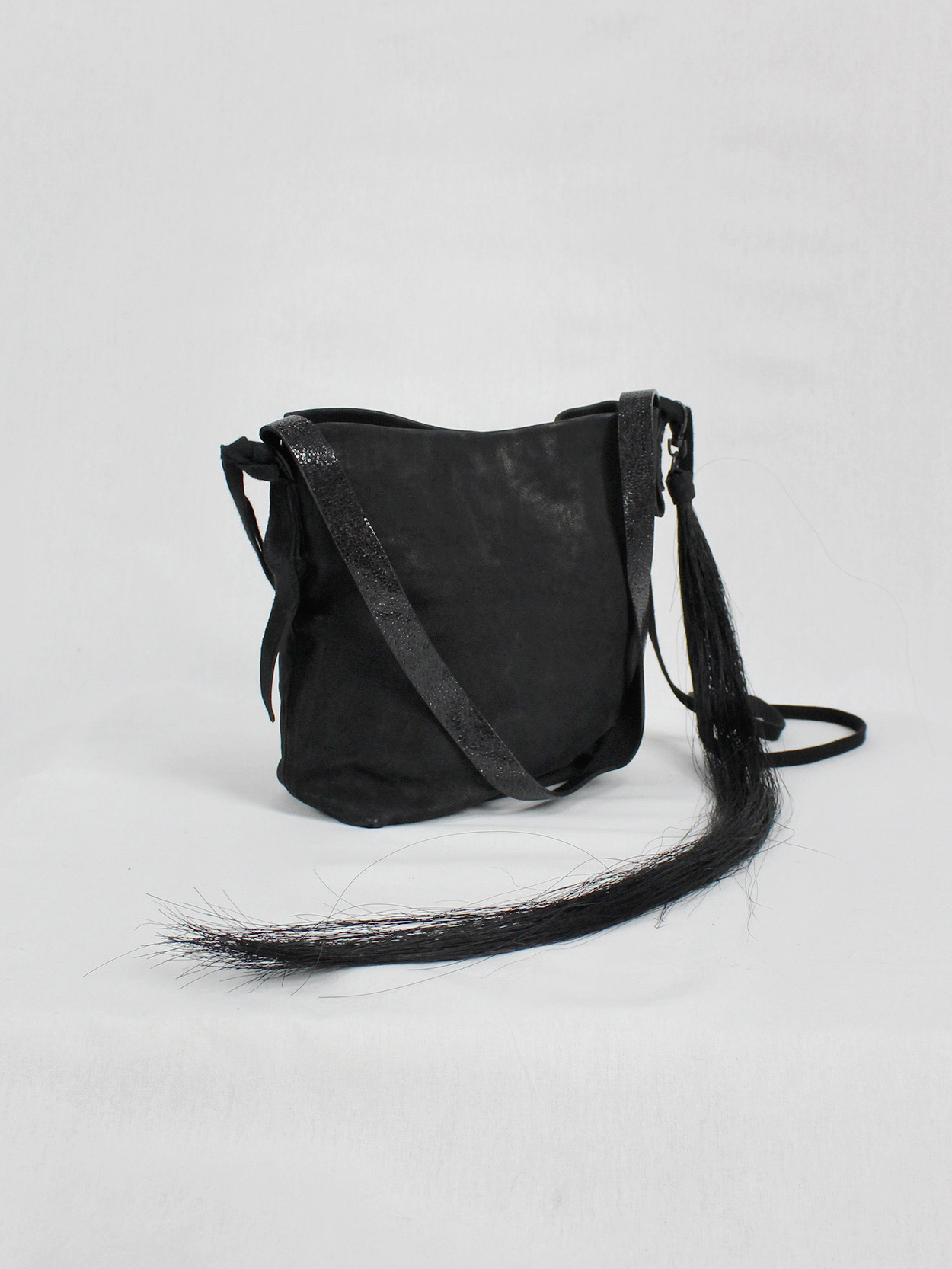 Ann Demeulemeester black leather shoulder bag with extra long 