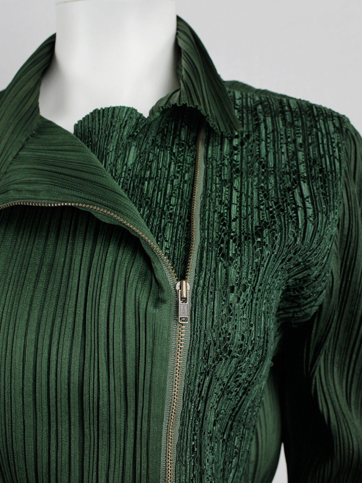 Issey Miyake Pleats Please green biker jacket with filigree panel 