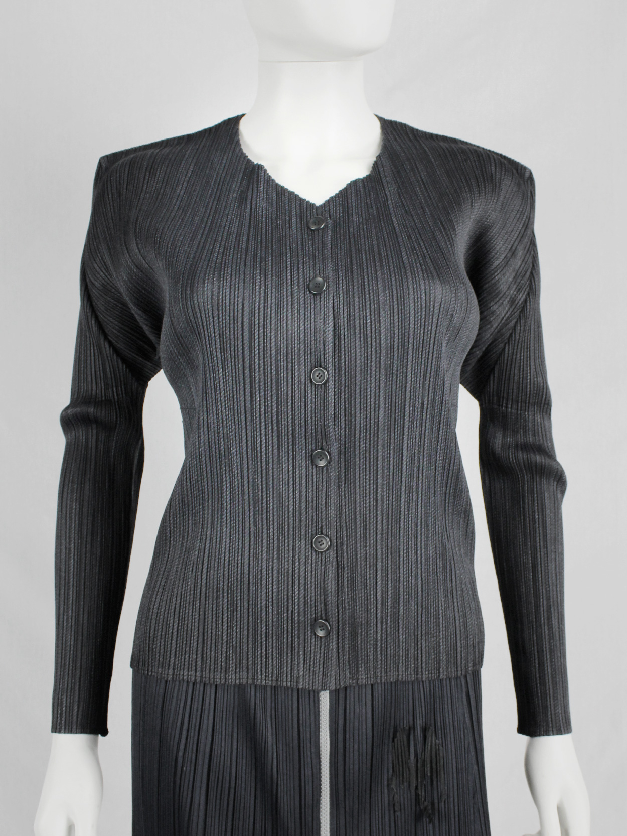 Issey Miyake Pleats Please dark grey button-up cardigan - VANIITAS 