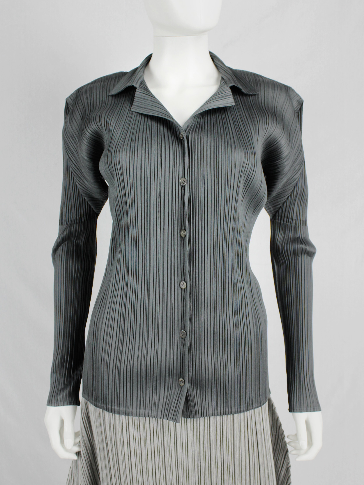 Issey Miyake Pleats Please grey button-up cardigan with Issey Miyake Pleats Please grey button-up cardigan with