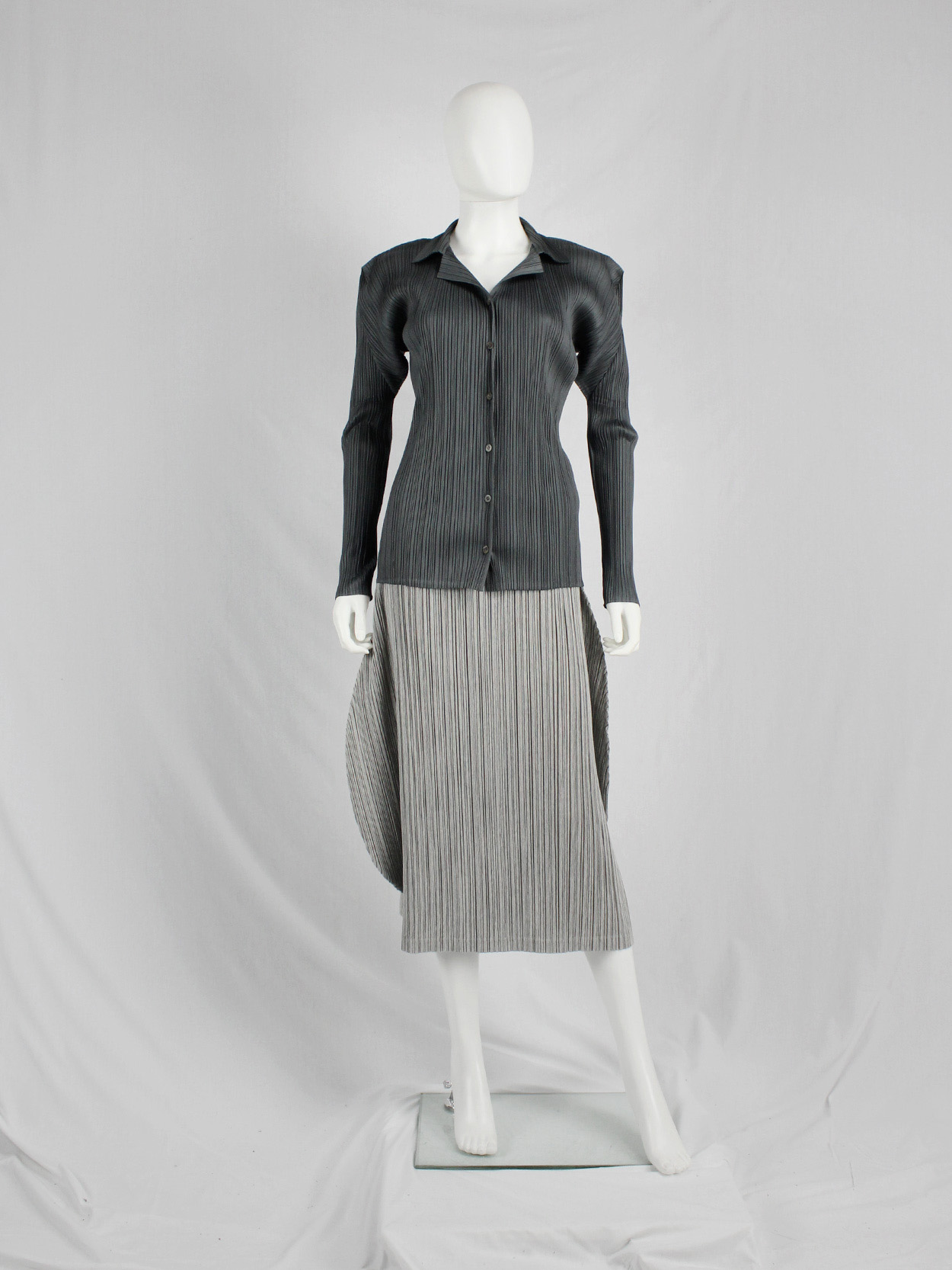 Issey Miyake Pleats Please grey button-up cardigan with Issey Miyake Pleats Please grey button-up cardigan with