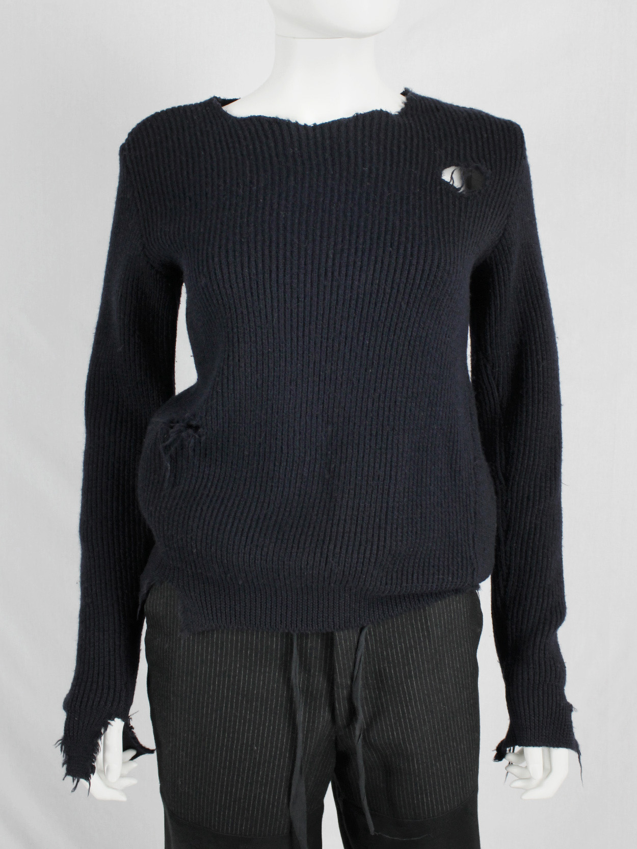 Maison Martin Margiela blue destroyed jumper with holes — fall 