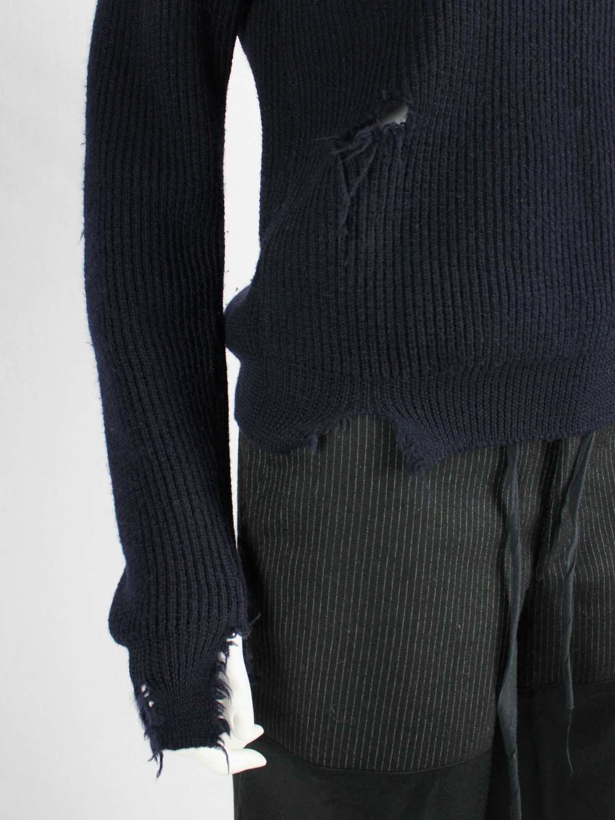 Maison Martin Margiela blue destroyed jumper with holes — fall 
