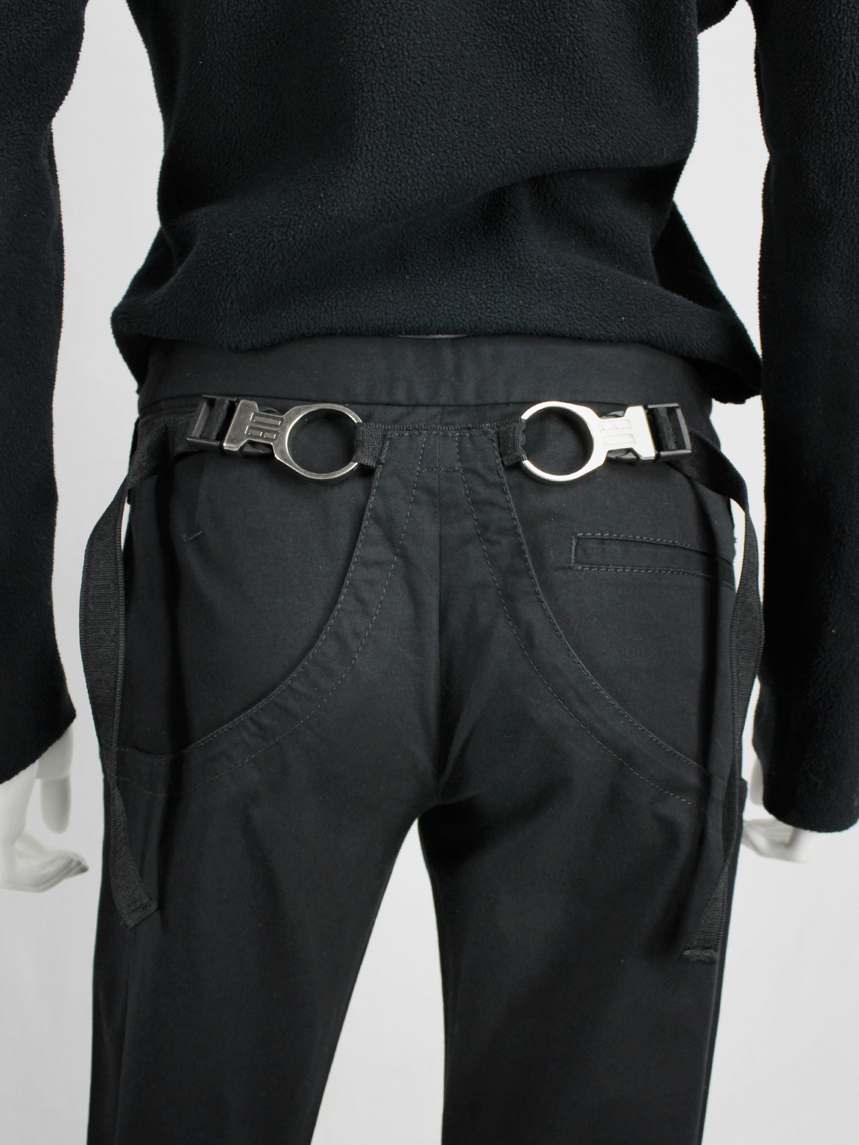 Dirk Bikkembergs black trousers with mountaineering belts — spring 