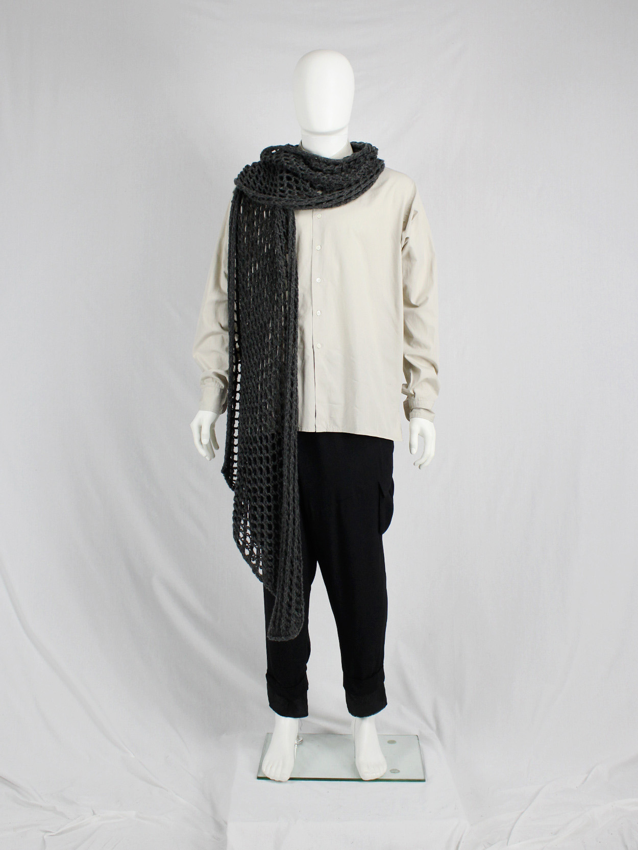Dries Van Noten grey scarf in an oversized fishnet knit - VANIITAS 
