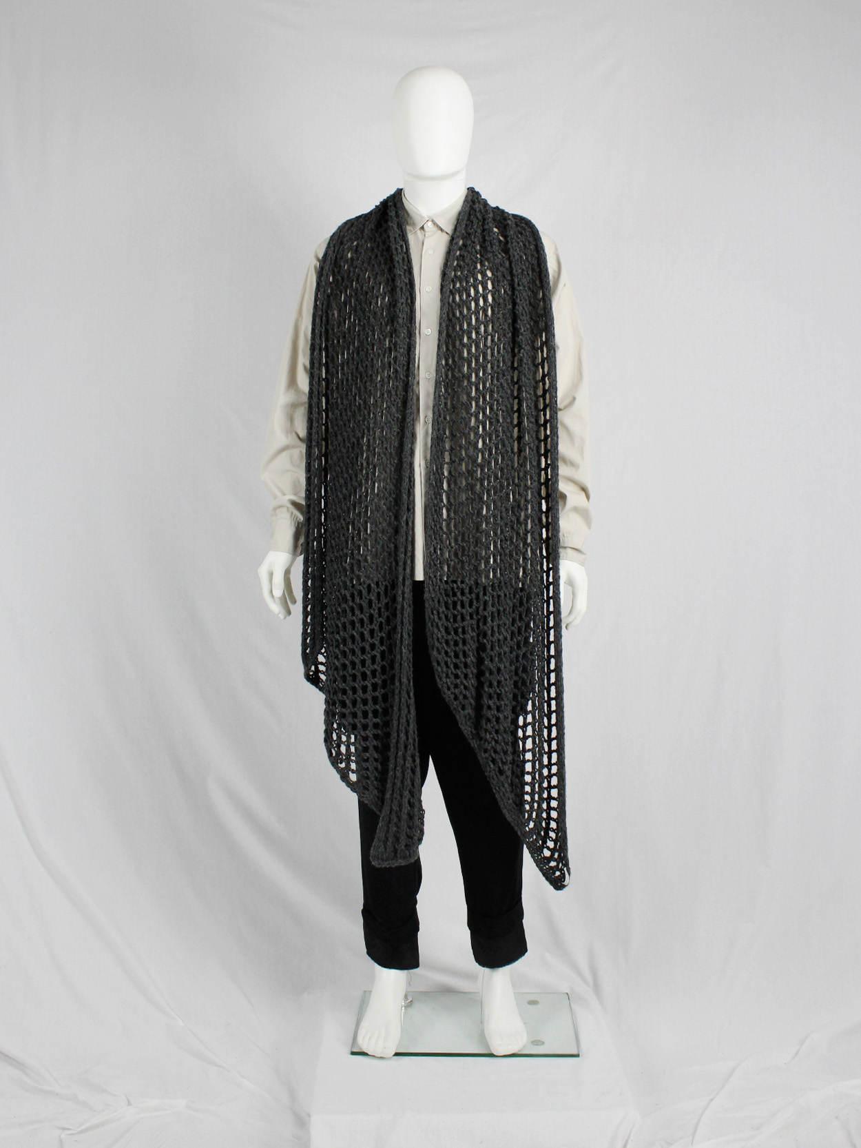 Dries Van Noten grey scarf in an oversized fishnet knit - VANIITAS 