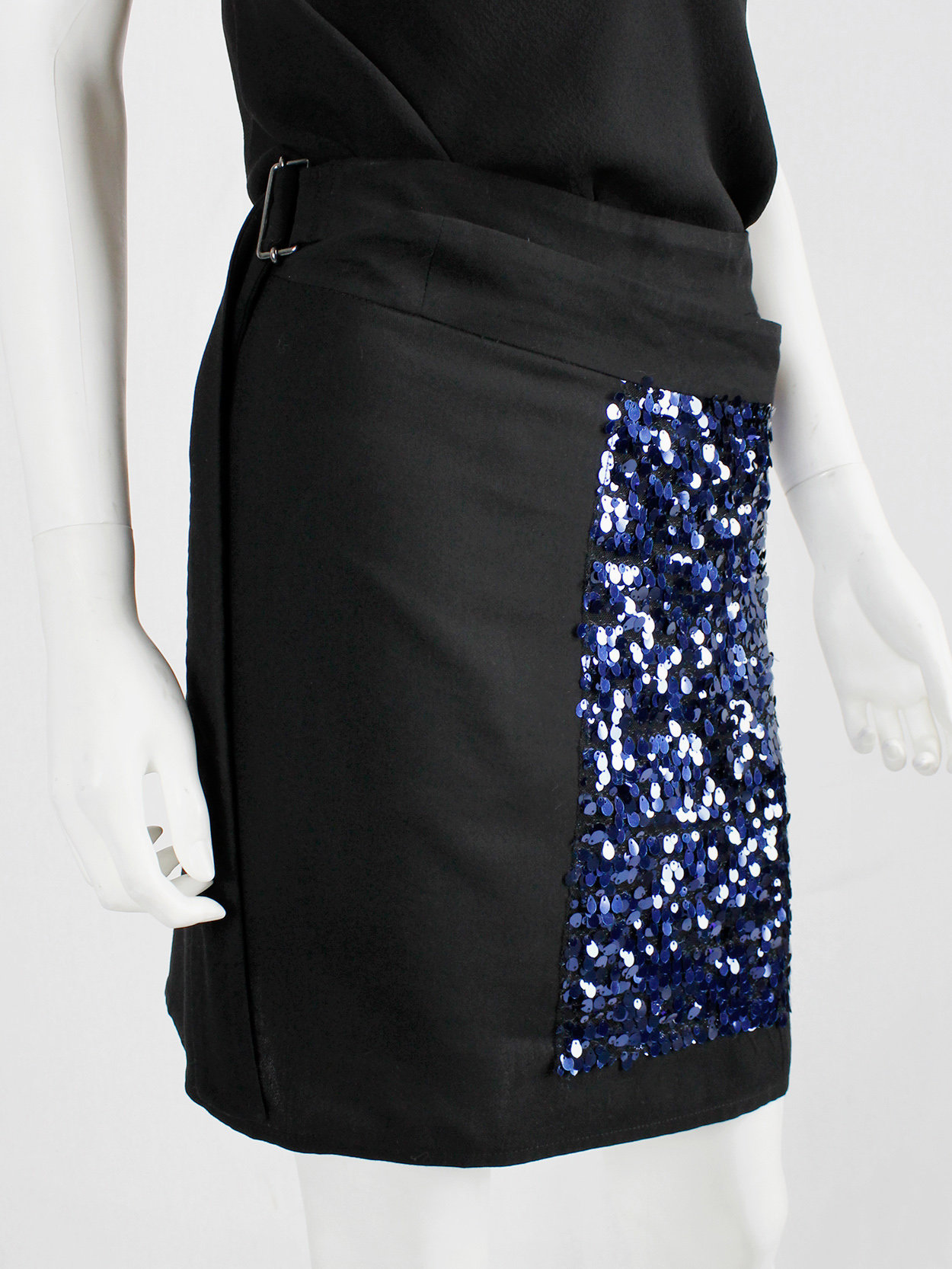 Ann Demeulemeester black wrap skirt with blue sequinned panel