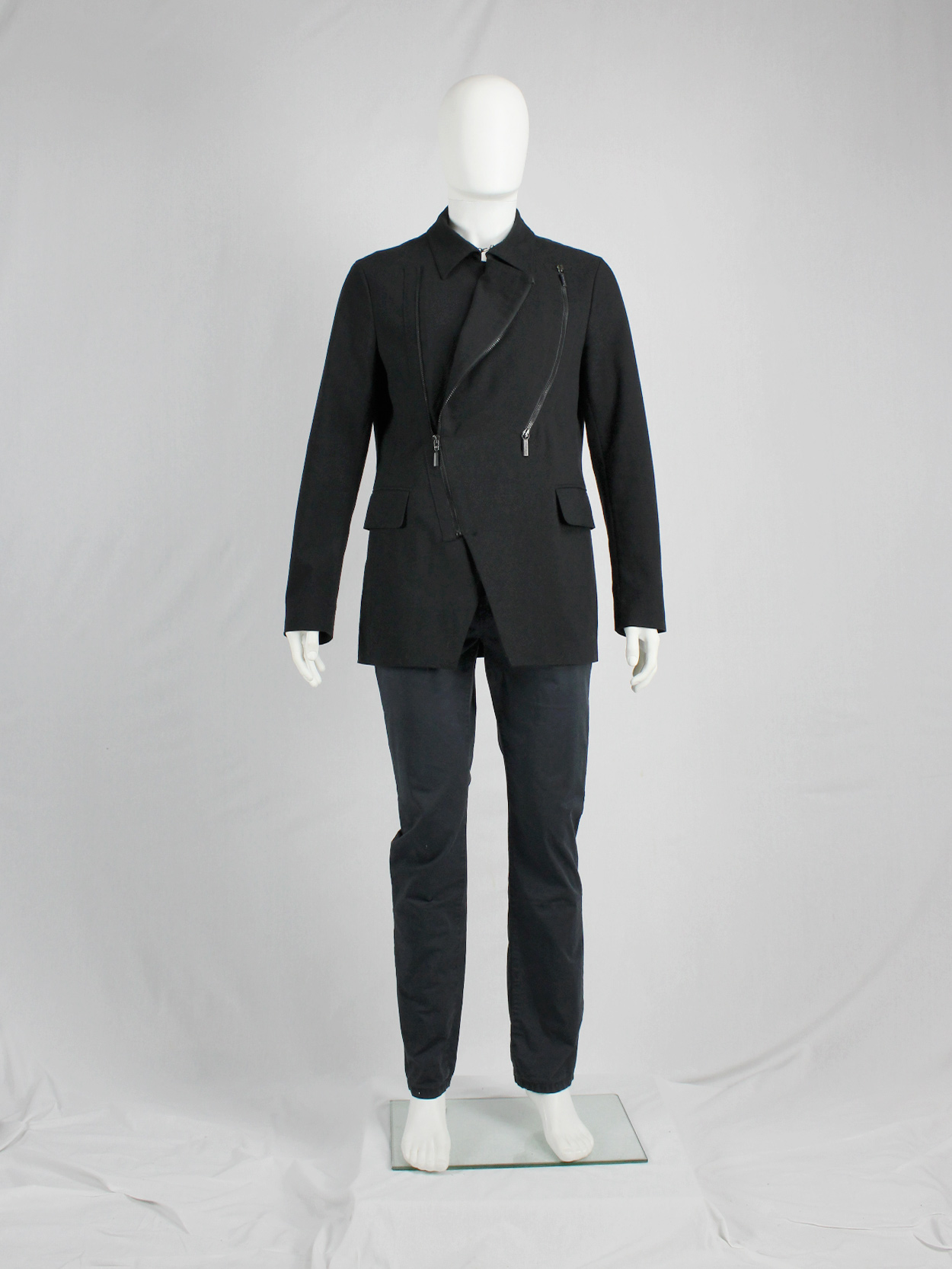 Dirk Bikkembergs dark blue coat with curved zippers — fall 2003 