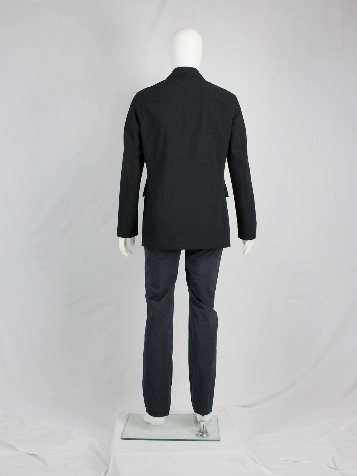 Dirk Bikkembergs dark blue coat with curved zippers — fall 2003 