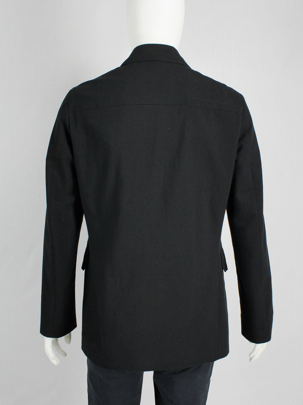 Dirk Bikkembergs dark blue coat with curved zippers — fall 2003 