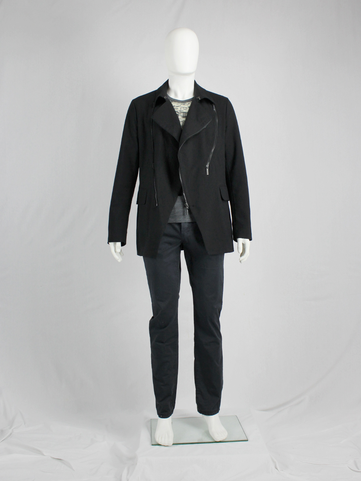 Dirk Bikkembergs dark blue coat with curved zippers — fall 2003 